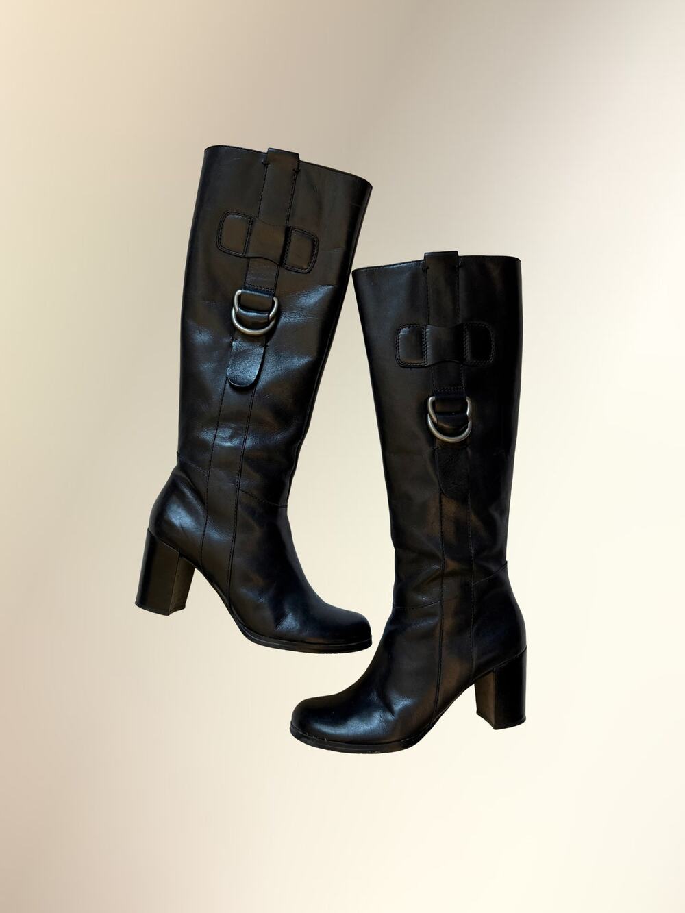 Franco Sarto Black Leather Tall Buckle Heeled Boots Women's 6.5